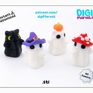 May include: A collection of Halloween-themed figurines, including a black cat, a ghost with a witch hat, a ghost with a pumpkin, and a ghost with a mushroom cap. The figurines are white with colorful accents. The image includes the text "instant download" and ".stl".
