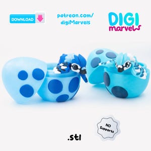 May include: Light blue 3D-printed bird-themed planters with dark blue polka dots. Each planter features a blue jay figurine. The image includes the text "patreon.com/digiMarvels", "DIGI marvels", ".stl", "DOWNLOAD", and "NO Supports".