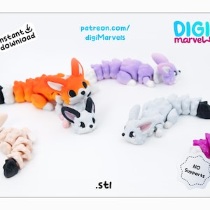 Puede incluir: Una colección de figuras articuladas de animales, incluyendo un zorro, conejos y una oruga, en varios colores como naranja, morado y gris. Las figuras están diseñadas con un cuerpo segmentado y están etiquetadas con "descarga instantánea" y "NO Supports". El logotipo de DigiMarvels es visible.