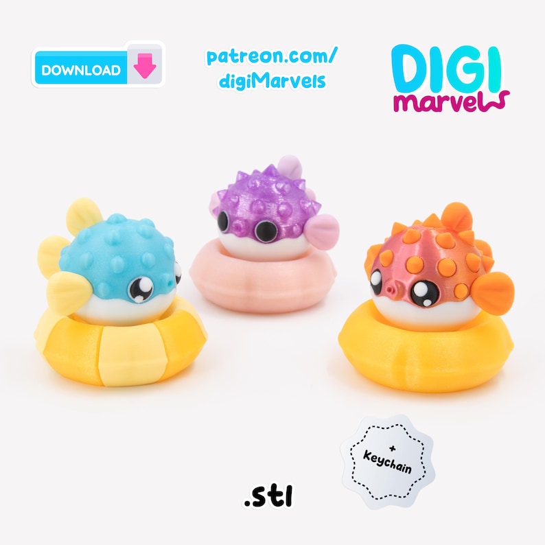 May include: Three small pufferfish figurines in blue, purple, and orange, each resting in a colorful inner tube. The image includes the text DOWNLOAD, patreon.com/digiMarvels, DIGI marvels, .stl, and Keychain. The pufferfish have large eyes.