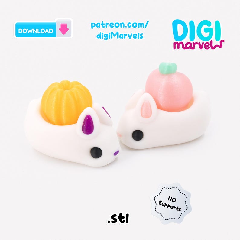 May include: Two white bunny figurines, each holding a fruit. One has a yellow pumpkin, the other a pink peach. The bunnies have black eyes and purple or pink accents. The image includes text: "patreon.com/digiMarvels", "DIGI marvels", ".stl", and "DOWNLOAD".