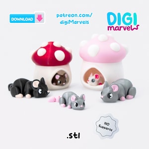 Puede incluir: Colección de casas de hongos e imágenes de ratones de juguete impresas en 3D. Las casas de hongos son rojas y rosas con lunares blancos. Los ratones son negros y grises con orejas y colas rosas. Incluye el texto "patreon.com/digiMarvels" y ".stl".