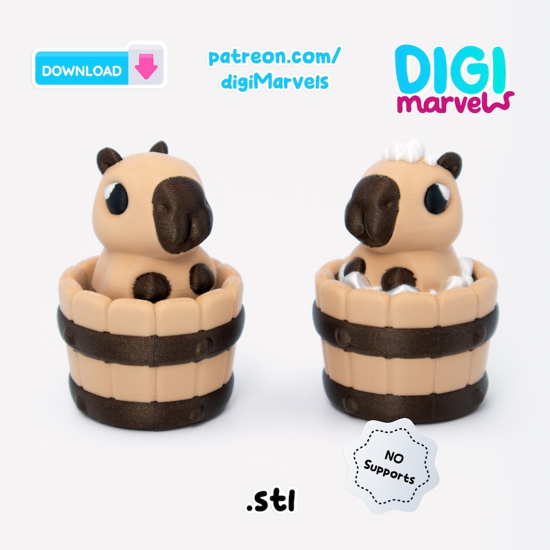 May include: Two tan capybara figurines in wooden tubs with dark brown bands. The capybaras have dark brown noses and ears. The image includes the text "patreon.com/digiMarvels", "DIGI marvels", ".stl", "DOWNLOAD", and "NO Supports".