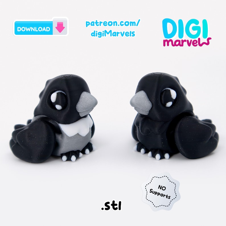 Peut inclure: Deux petites figurines d'oiseaux stylis&eacute;es noires et grises avec de grands yeux et des accents blancs. L'image inclut le texte DOWNLOAD, patreon.com/digiMarvels, DIGI marvels, .stl, et un badge indiquant NO Supports pour l'impression 3D.