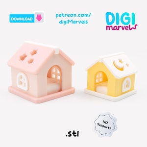 Pode incluir: Duas casas em miniatura impressas em 3D com telhados brancos. A casa maior &eacute; rosa pastel com recortes em forma de estrela no telhado. A casa menor &eacute; amarela pastel com um recorte de lua e estrela. O texto inclui DOWNLOAD, patreon.com/digiMarvels, DIGI marvels e NO Supports .stl.