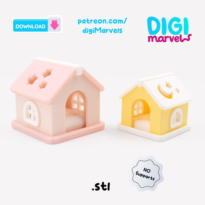 Pode incluir: Duas casas em miniatura impressas em 3D com telhados brancos. A casa maior &eacute; rosa pastel com recortes em forma de estrela no telhado. A casa menor &eacute; amarela pastel com um recorte de lua e estrela. O texto inclui DOWNLOAD, patreon.com/digiMarvels, DIGI marvels e NO Supports .stl.