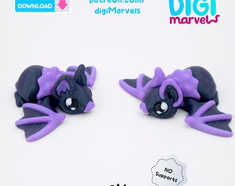 May include: Two small, stylized bat figurines in dark blue and purple. The bats have large eyes and outstretched wings. The image includes the text "DOWNLOAD", "patreon.com/digiMarvels", ".stl", and "DIGI marvels". A sticker reads "NO Supports".