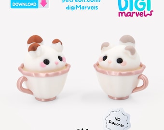Marshmallow Cat & Chinchilla Clicker STL, 3MF | Cottagecore Kawaii Teacup Fidget Toy | Mechanical Keyboard Desk Pet | Bambu AMS Download