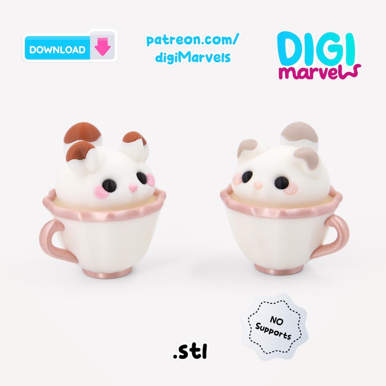 Puede incluir: Dos figuras de gato blanco con manchas marrones sentadas dentro de tazas de t&eacute; de color rosa claro. La imagen incluye el texto DOWNLOAD, patreon.com/digiMarvels, DIGI marvels, .stl y NO Supports. Los gatos tienen ojos negros y mejillas rosas.