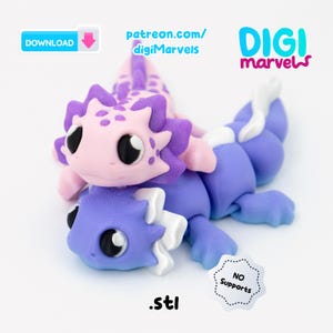 May include: A 3D-printed, articulated dragon figurine in shades of pink, purple, and blue. The dragon has large black eyes and a spiky head. The image includes the text "patreon.com/digiMarvels", "DIGI marvels", ".stl", "DOWNLOAD", and "NO Supports".
