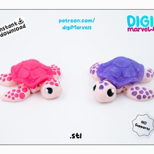 May include: Two small, colourful turtle figurines. One has a pink shell and the other a purple shell. Both have light pink bodies with darker pink spots. The turtles are on a white background. Text on the image includes "instant download", "patreon.com/digiMarveIs", and ".stl".