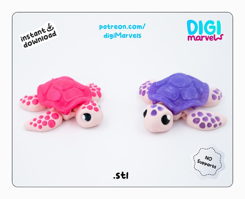 May include: Two small, colorful turtle figurines. One has a pink shell and the other a purple shell. Both have light pink bodies with darker pink spots. The turtles are on a white background. Text on the image includes "instant download", "patreon.com/digiMarveIs", and ".stl".