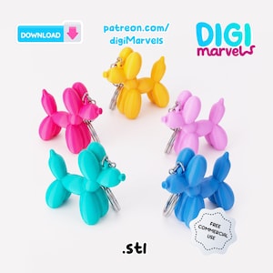 May include: A collection of colorful balloon dog keychains in pink, yellow, light purple, teal, and blue. The keychains have silver rings. The image includes the text "DOWNLOAD", "patreon.com/digiMarvels", ".stl", "DIGI marvels", and "FREE COMMERCIAL USE".