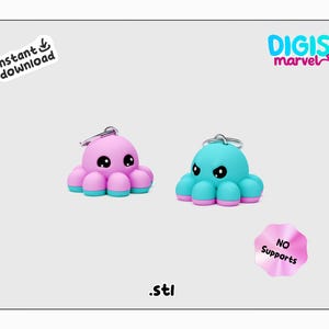 Puede incluir: Dos llaveros de pulpo impresos en 3D, uno rosa y otro azul, con ojos de dibujos animados. Los llaveros se imprimen sin soportes y están listos para descargarse instantáneamente.