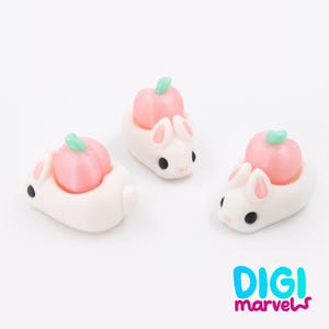 May include: Three white bunny figurines, each with a pink pumpkin on its back. The bunnies have pink inner ears, black eyes, and a small tail. The pumpkins are light pink with green stems. The Digi Marvels logo is in the bottom right corner.