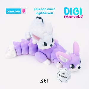 May include: A 3D-printed articulated creature with a rabbit-like head and a segmented body in shades of purple and white. The image includes the text "patreon.com/digiMarvels", "DIGI marvels", ".stl", and "NO Supports".