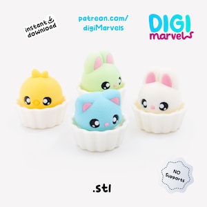 May include: Four colourful, cartoon-style animal figures in cupcake liners. The figures include a yellow chick, a green bunny, a blue cat, and a white bunny. The image includes the text "instant download", "patreon.com/digiMarvels", "DIGI marvels", ".stl", and "NO Supports".