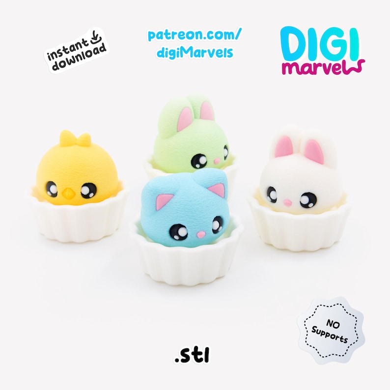 May include: Four colourful, cartoon-style animal figures in cupcake liners. The figures include a yellow chick, a green bunny, a blue cat, and a white bunny. The image includes the text "instant download", "patreon.com/digiMarvels", "DIGI marvels", ".stl", and "NO Supports".