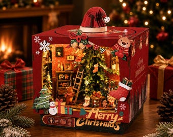 Christmas DIY Book Nook Kit, 3D Wooden Puzzle with LED Light, Music & Rotating Scenes