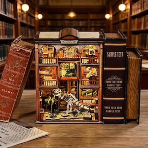 Op de afbeelding: Een houten diorama met meerdere niveaus van een museum, met een dinosaurus skelet en miniatuur tentoonstellingen. Het diorama is ontworpen om op een gebouw te lijken, met gedetailleerde interieur- en exterieur elementen. Twee boeken flankeren het diorama, met de tekst "FLOWER" en "SAMPLE TEXT".