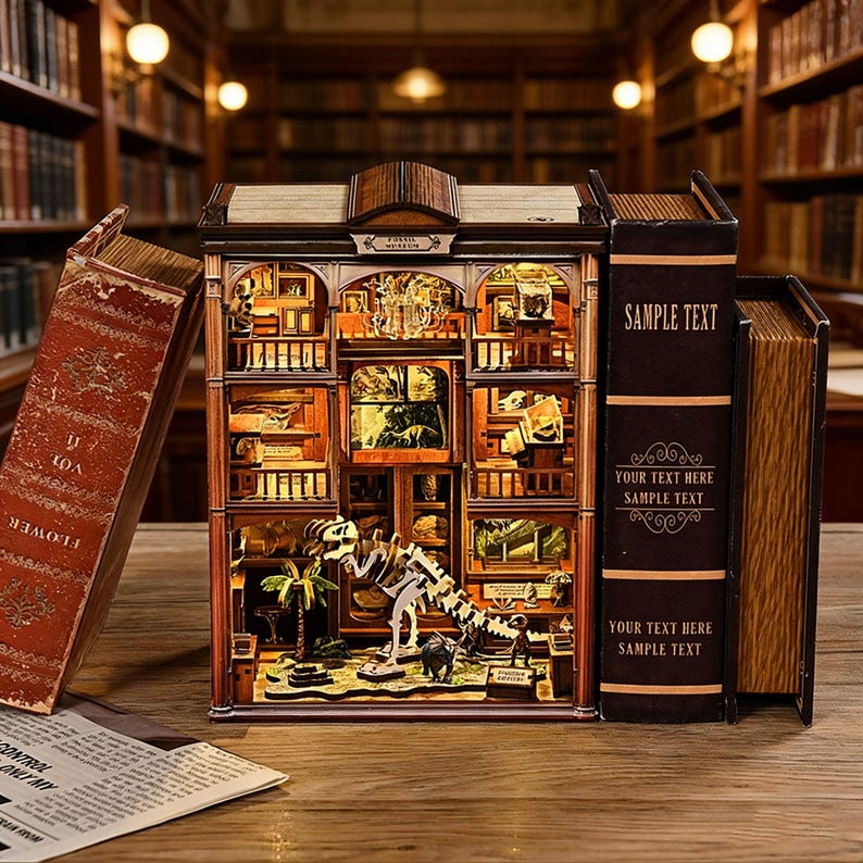 Op de afbeelding: Een houten diorama met meerdere niveaus van een museum, met een dinosaurus skelet en miniatuur tentoonstellingen. Het diorama is ontworpen om op een gebouw te lijken, met gedetailleerde interieur- en exterieur elementen. Twee boeken flankeren het diorama, met de tekst "FLOWER" en "SAMPLE TEXT".