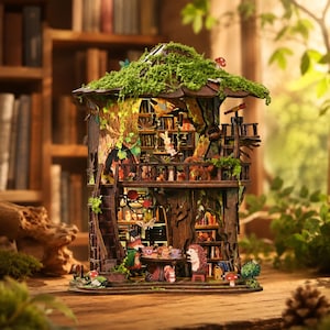 May include: A multi-level wooden treehouse miniature kit featuring a moss-covered roof, internal bookshelves, and small animal figurines including a fox, rabbit, and hedgehog. The structure includes a balcony, a ladder, and miniature tea sets.