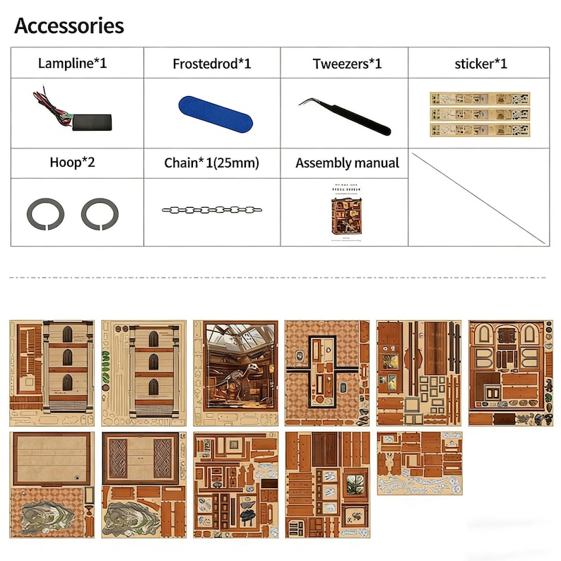 Op de afbeelding: Een verzameling houten modelbouwkit onderdelen en accessoires, waaronder een lampline, frosted rod, pincet, stickers, ringen en een ketting van 25 mm. De kit bevat ook een montagehandleiding en diverse houten componenten.