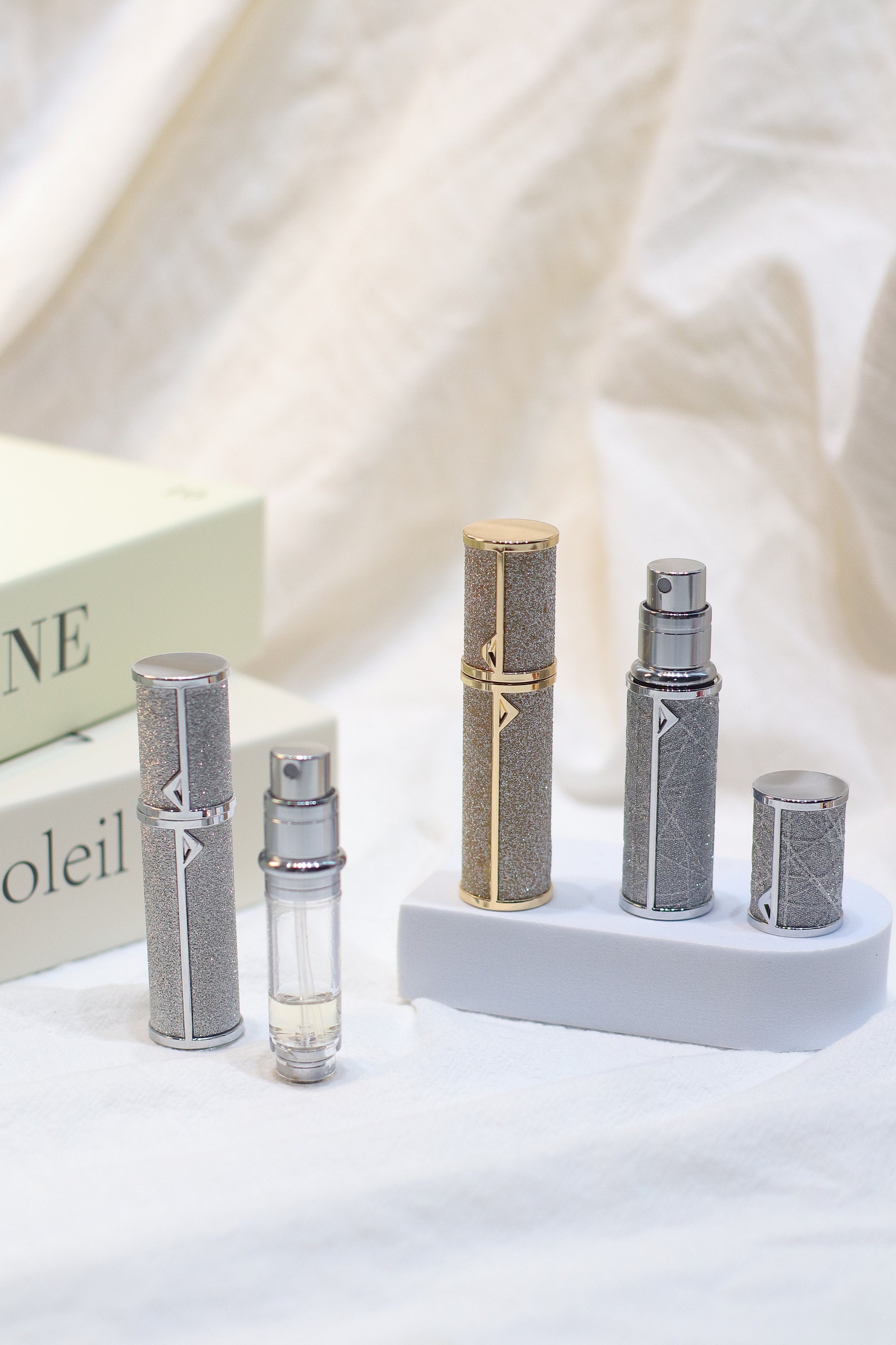Nachfüllbare Reise-Parfümflasche 5 Ml - Mini-Zerstäuber, Glitzernd Rosa, Auslaufsicher, Mit Adaptern