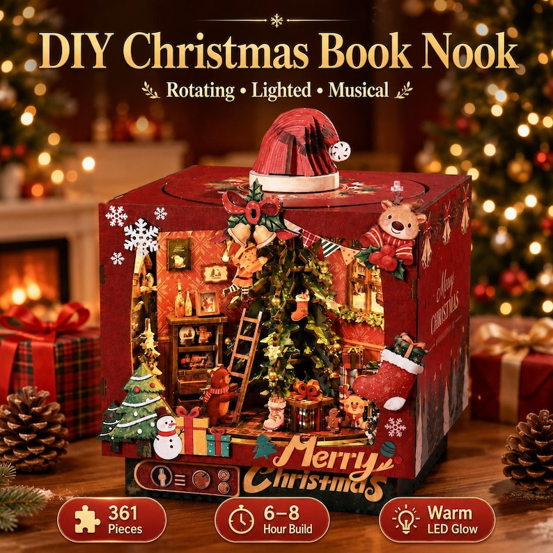 A 3d Rotation Problem Christmas DIY Book Nook Kit, 3D Wooden Puzzle With LED Light, Music ...