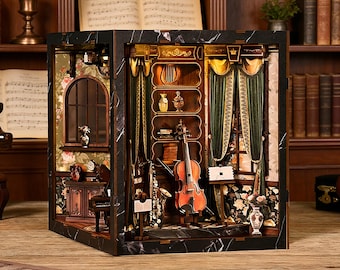 Miniatuurboekenplankpuzzel – Elegant vintage woonkamerdiorama