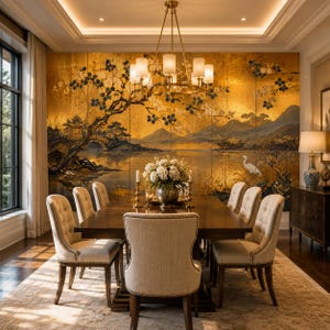 Peut inclure: Une salle à manger avec une table rectangulaire en bois entourée de huit chaises beiges capitonnées. Un lustre en laiton est suspendu au-dessus de la table. Le mur présente une fresque dorée représentant un paysage avec des arbres et une grue.