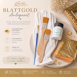 Könnte beinhalten: Ein Blattgold-Anlegeset bestehend aus einem weißen Handschuh, zwei Pinseln mit Holzstiel und gelben Borsten, einem dünnen Pinsel mit blauem Stiel, einer kleinen weißen Flasche mit der Aufschrift ECO Anlegemilch und Blattgold auf einem Teller.