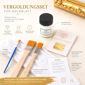 Könnte beinhalten: Ein Blattgold-Vergoldungsset mit Pinseln, Klebstoff, Blattgold und Anweisungen. Das Set enthält eine Flasche Klebstoff, drei Pinsel und Baumwollhandschuhe. Der Text auf dem Etikett lautet "ECO Anlegemilch".