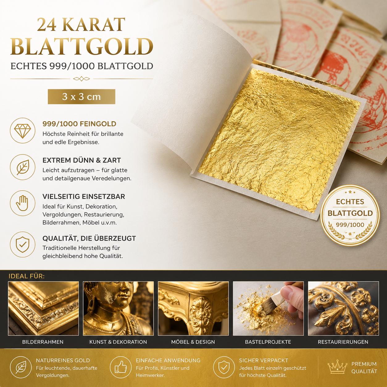 Edible gold leaf, 24 karat 999/1000, approx. 30 mm x 30 mm, 100% best quality