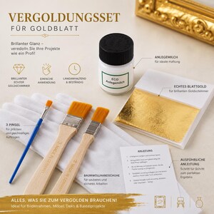 Puede incluir: Un juego de dorado con pan de oro con pinceles, guantes de algodón y un frasco de adhesivo. El juego incluye hojas de pan de oro e instrucciones. El frasco dice "ECO Anlegemilch".