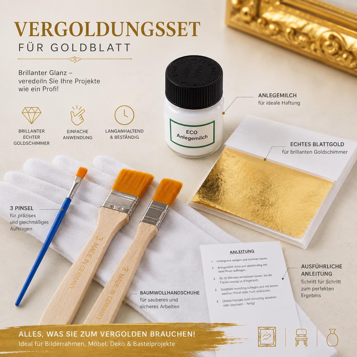 Gold leaf application kit: 50 sheets of gold leaf (approx. 8.5 x 8 cm), application milk, brush, gloves, and gilding instructions.