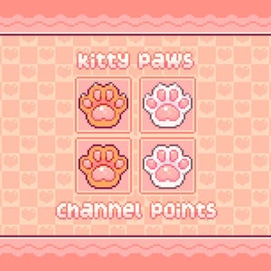 Könnte beinhalten: Ein pixelbasiertes Grafikdesign mit den Worten "Kitty Paws" und "Channel Points". Das Bild zeigt vier Pfotenabdrücke in Orange und Weiß vor einem rosa Hintergrund mit Herzmustern. Das Design ist im Pixelstil gehalten.