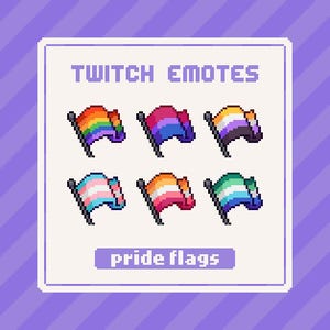 Può includere: Un set di sei bandiere arcobaleno in pixel art, tra cui le bandiere arcobaleno, bisessuale, transgender, lesbica, genderqueer e pansexuale. Le bandiere sono visualizzate su uno sfondo bianco con il testo "TWITCH EMOTES" e "bandiere arcobaleno".