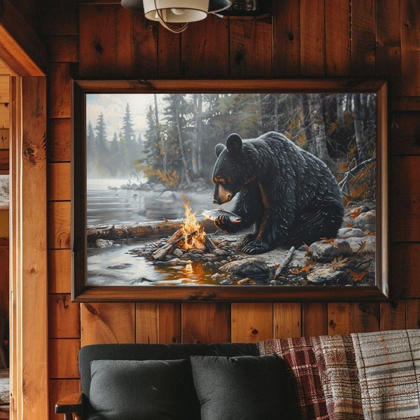 Black Bear Campfire Wall Art, Camping Lodge Print, Framed Cabin Painting, Living Room Decor