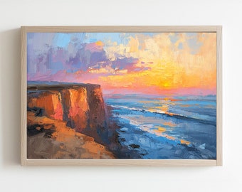 Sunset Cliffs Coastal Landscape, San Diego Art Print, California Ocean Canvas, Horizontal Nature Wall Painting