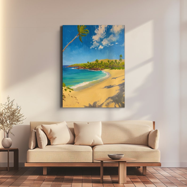 Hawaii Hulupoe Bay Art, Beach Landscape, Wall Canvas Painting, Framed Beachscape Decor, Artwork