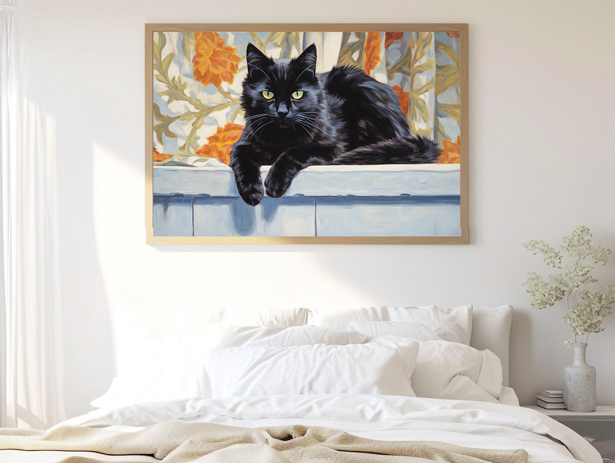 Black Cat Wall Art Print, Kitten Painting, Home Bedroom Decor, Kitty ...