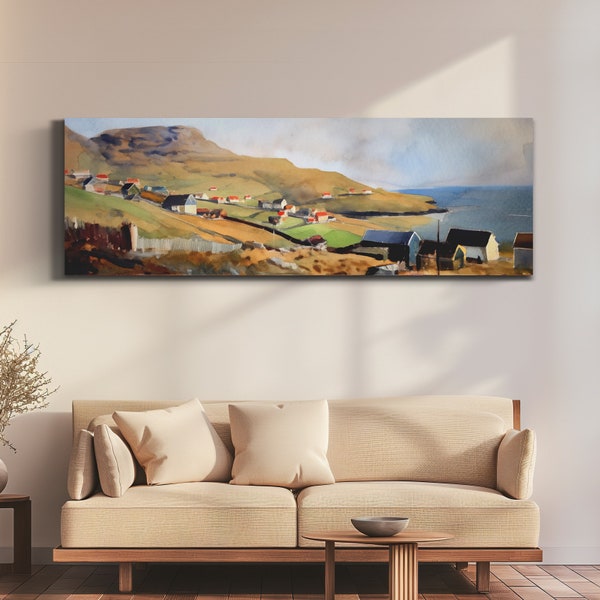 Faroe Islands Watercolor Wall Art, Denmark Canvas, Panoramic Painting Print, Framed Large Horizontal Landscape Decor, Extra Large