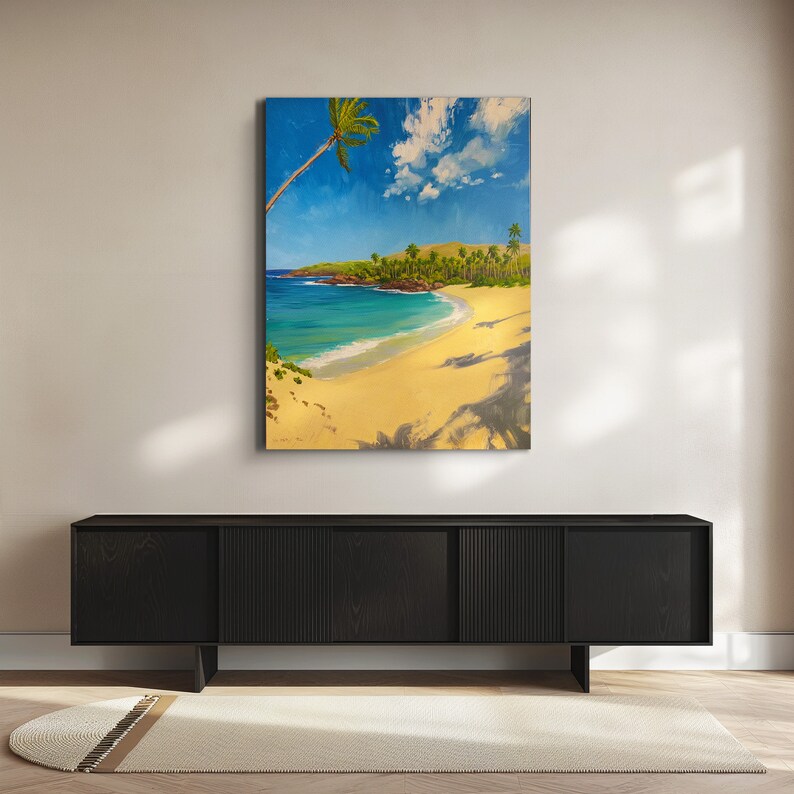 Hawaii Hulupoe Bay Art, Beach Landscape, Wall Canvas Painting, Framed Beachscape Decor, Artwork