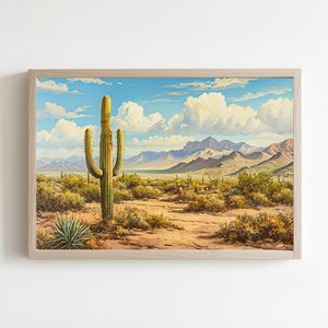 Cactus In Desert Painting, Landscape Canvas Artwork, Sonoran Art, Saguaro National Park Print, Southwestern Wall Artwork