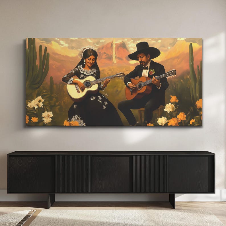 Hispanic Guitar Wall Art Print, Mexican Wide Canvas Decor Panoramic