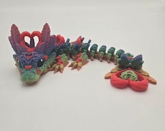 Rainbow Heart Dragon Gift, Articulating Fidget Toy, over 12" long