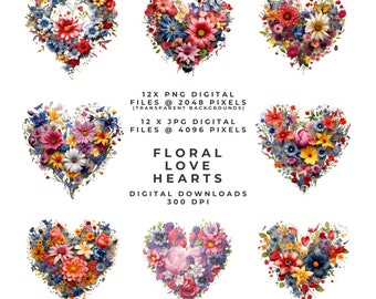 Floral Love Hearts for St Valentine's Day - 24 Digital High Resolution images