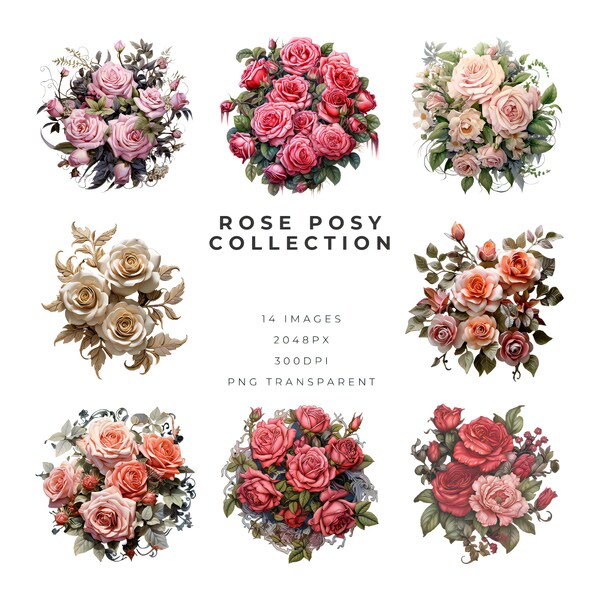 Rose Radiance PNG Pack: 14 Artistic Posies for Digital Delight (2048px, 300 DPI)