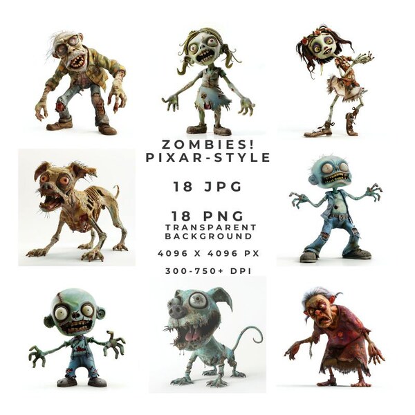 Zombies! Pixar-Style.  Set of 36 Images (2 sets of 18, PNG and JPG), 4096 x 4096 Pixels, Awesome Quality